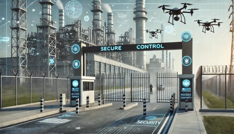 the entrance of an industrial complex with modern security elements